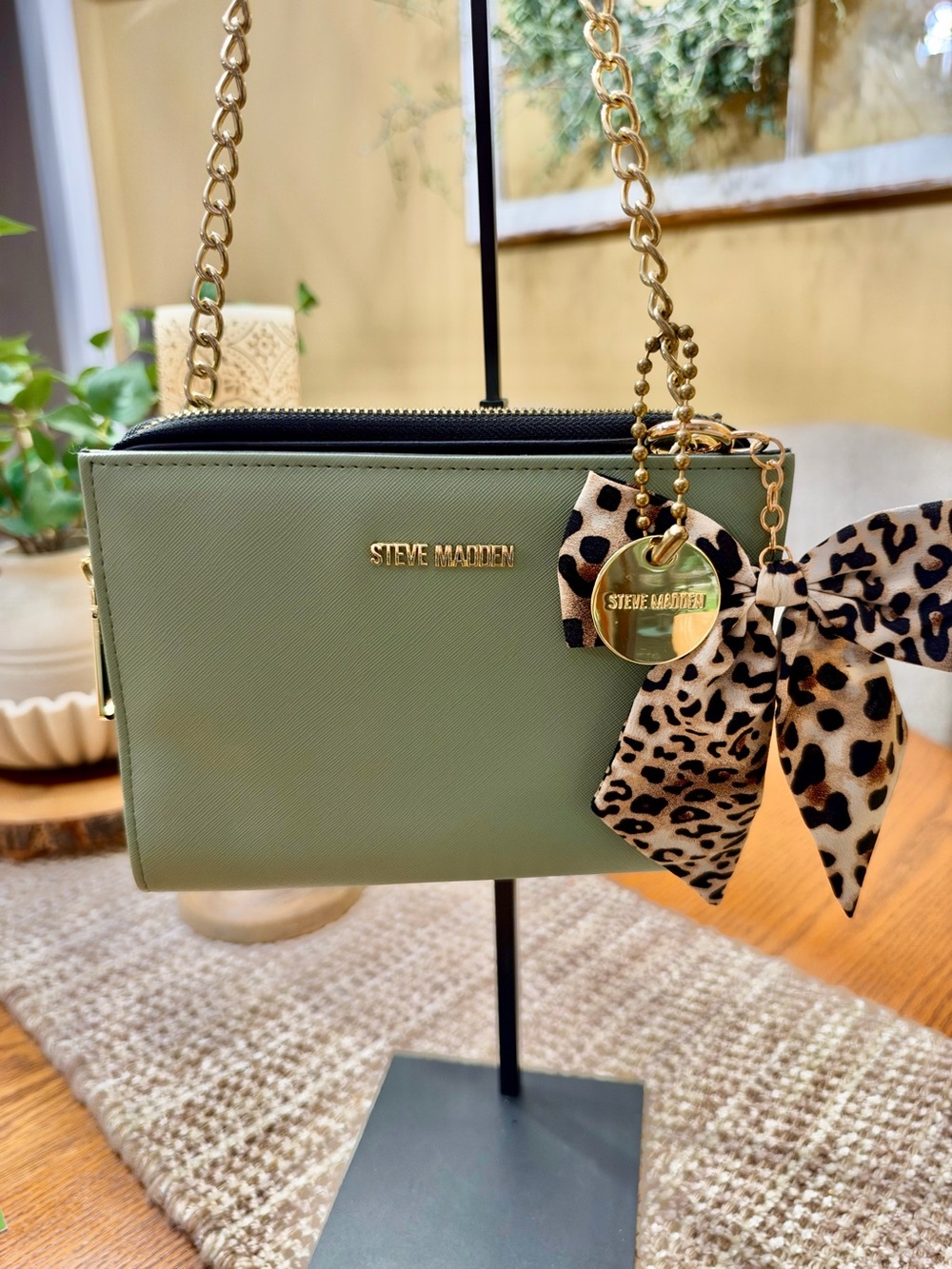 Steve Madden Olive Crossbody with Leopard Bow and Gold Chain